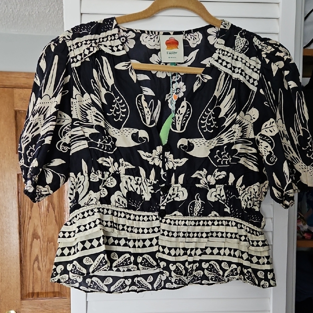 FARM Rio Black and Cream Bird Print Blouse